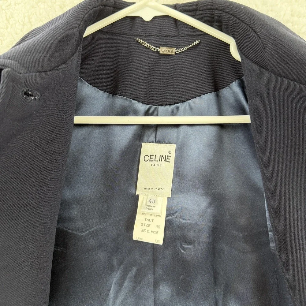 Celine Coat Womens 40‎ Blue Wool Twill Long Single Breasted Overcoat Made France